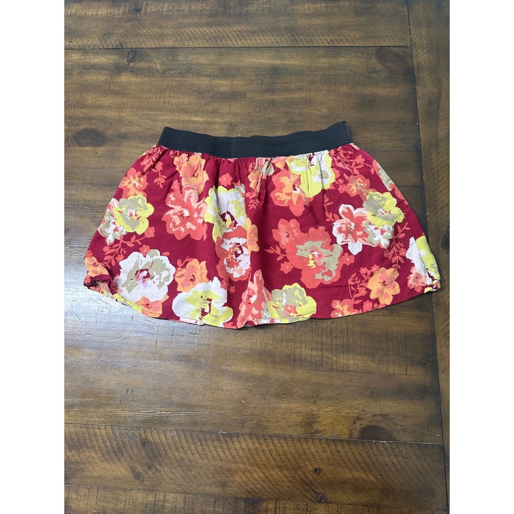 SO Floral Mini Skirt Womens Large Red Pink Orange Elastic Waist Rayon Flowy L
